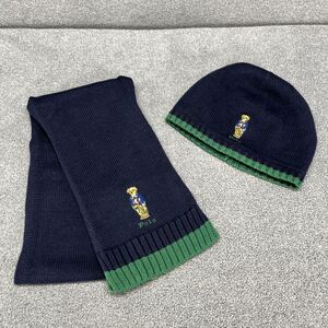 Polo Ralph Lauren Hat & Scarf Teddy Bear Navy Blue Green knit Cotton 8-20 Youth